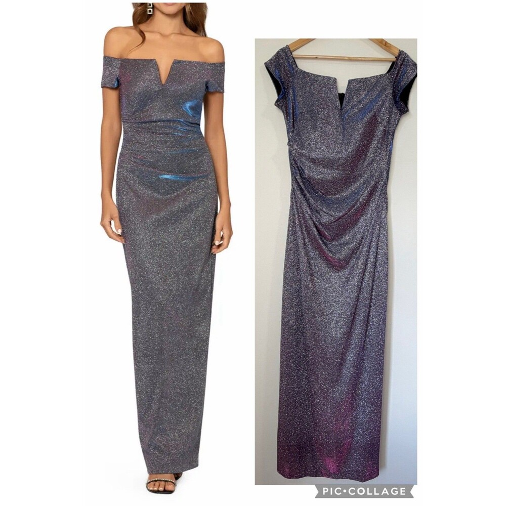 Xscape Glitter Off Shoulder Formal Gown Dress Purple Iridescent Women’s 10